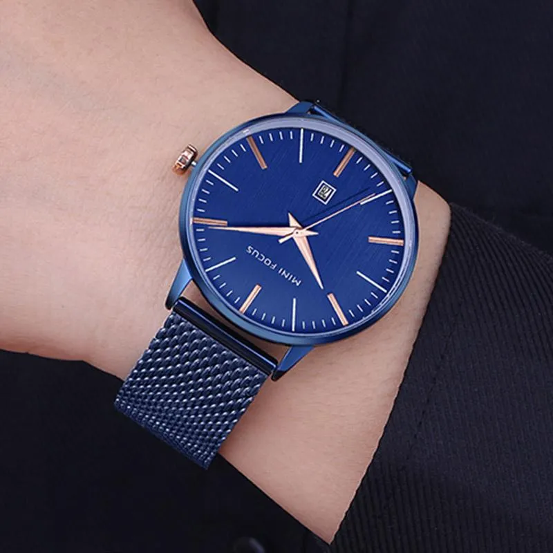 Top Männer Uhren Blauer Riemen Wasserdichte Datum Quarzuhr Mann voll Stahl Dess Handgelenkuhr Männliche Waches Armbanduhren