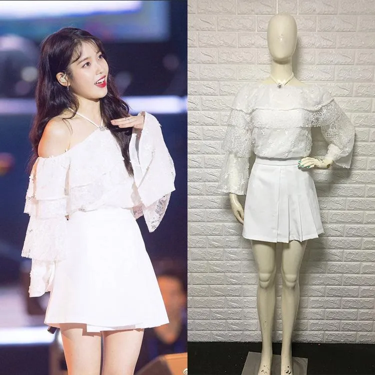 2ピースドレスKPOP IU 2021ぶら下がっている首のオフショルダーホワイトレーストップスとミニAラインスカート女性夏のファッション2セット服