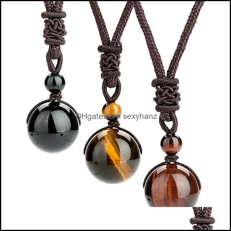 Pendant Necklaces Round Polished Stone Necklace For Unisex, Healing Crystals Lucky Blessing Chakra Beads Women And Men