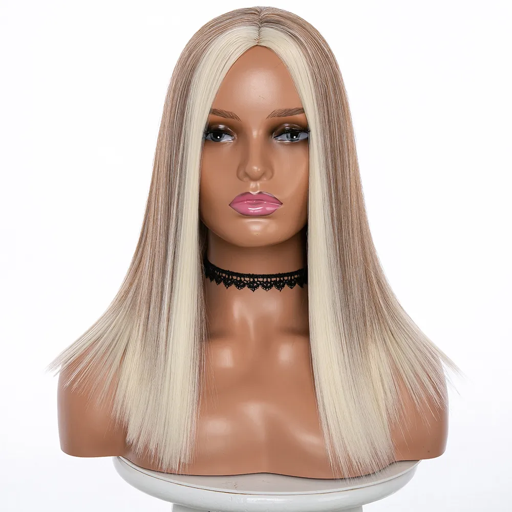 2021Short Blonde raka höjdpunkter peruker för svart / vit Kvinnor Mellandel Ombre Brown Mix Blond Bob Wig Syntetisk Hair Shoulder LFactory