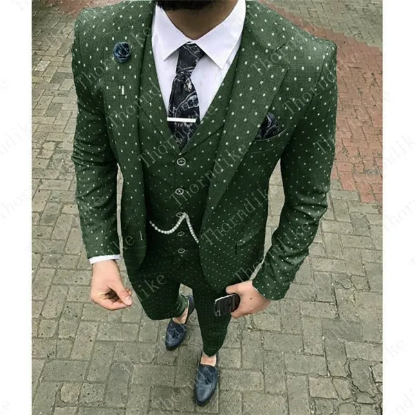 (Giacca + Pantaloni + Gilet) Army Green Dots Abito da uomo Slim Fit Abiti da sposa Business Men Abito viola Elegante Costume Mariage Homme XS-5XL X0608