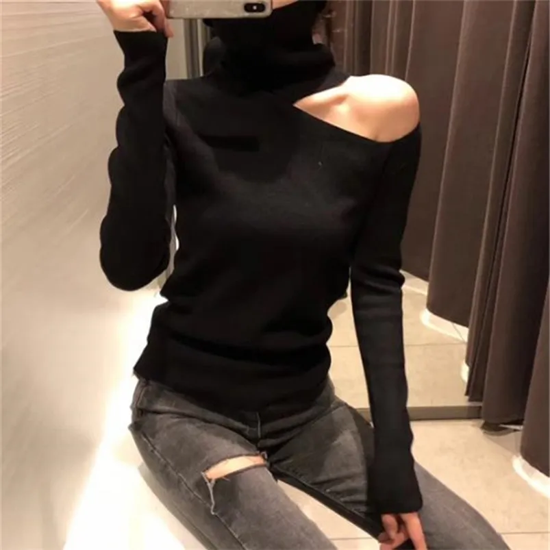 Sexy Knitted Sweater Off Shoulder Pullovers Sweater for Women Long Sleeve Turtleneck Female Jumper Black White Clothing 210805