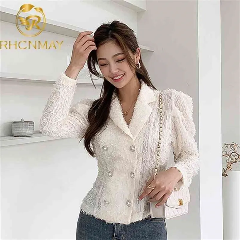 Kvinnor Mode Blus Koreansk Chic Lapel Double Breasted Lady Casual Slim Shirt Höst Långärmad Top 210506