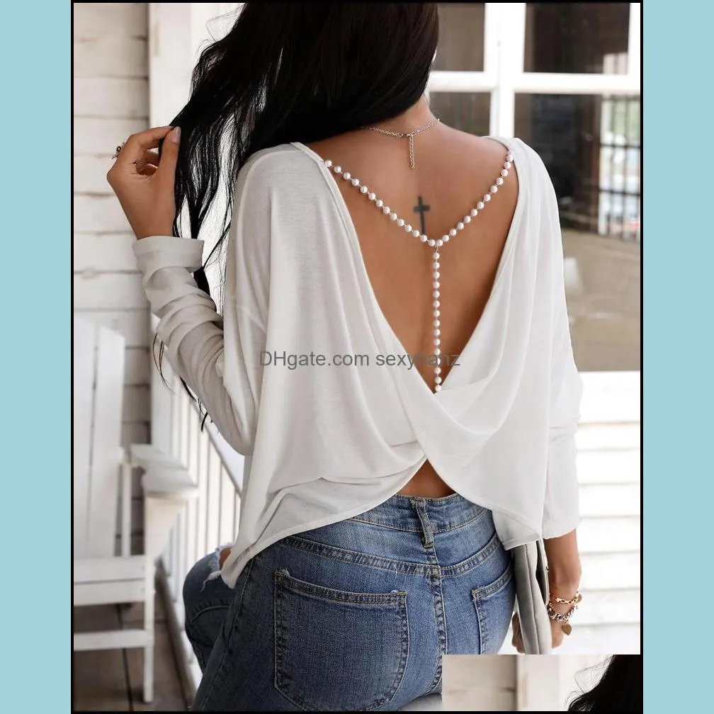 Womens T-Shirt Tops & Tees Clothing Apparel 2021 Autumn Spring Women Fashion Elegant Sexy Long Sleeve Ladies Open Back Top Solid Beaded Stra