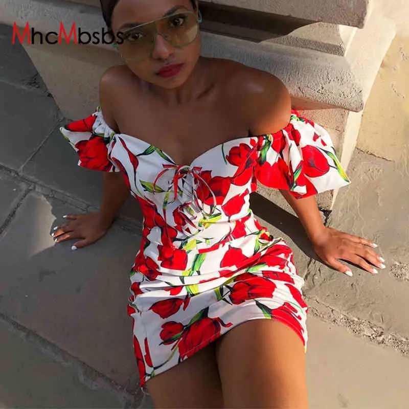 Sexy Off Shoulder Puff Short Mouw Jurk Dames Print Ruched Bodycon Mini Jurken Boho Lace Up Beach Holiday Party Geplooide Robe 210517
