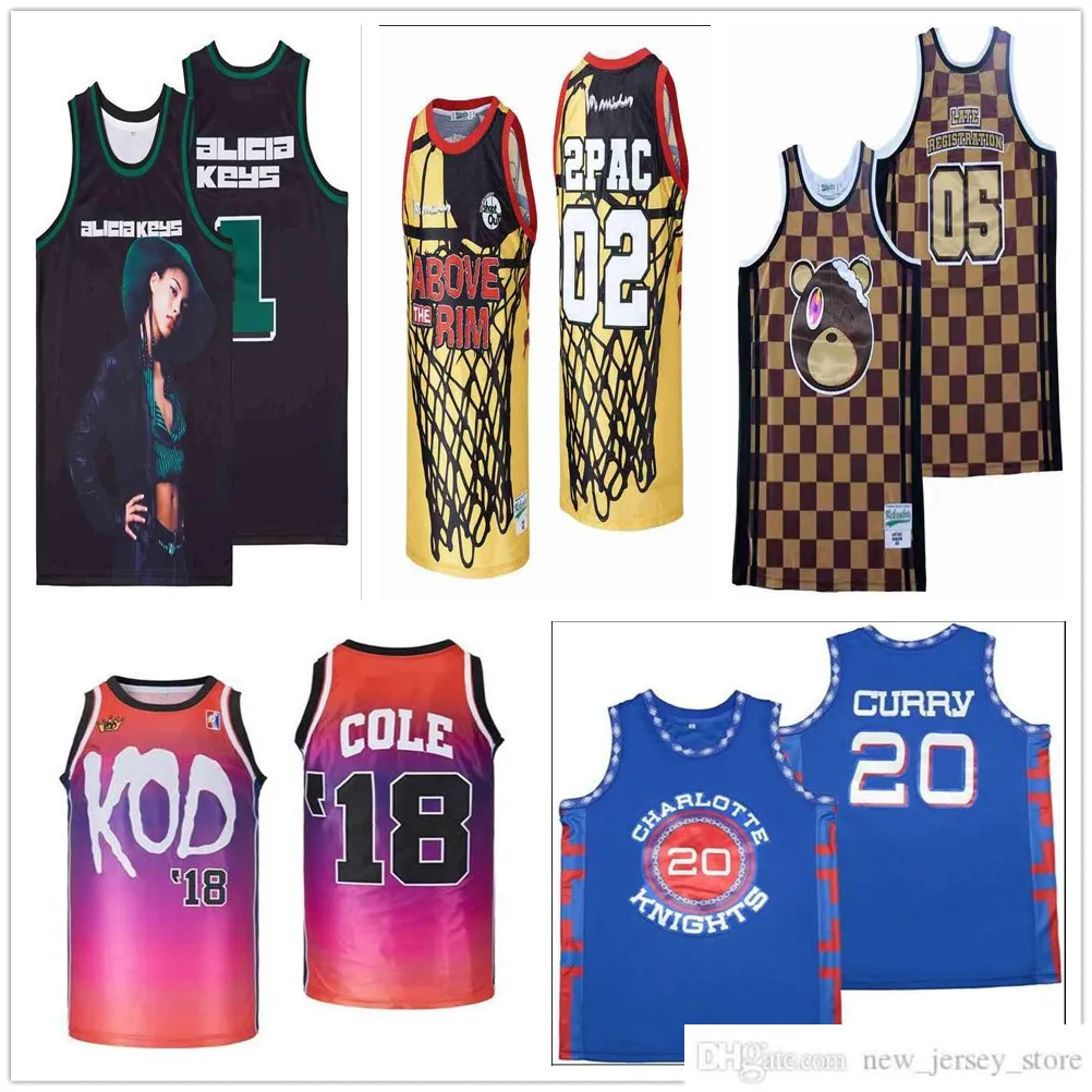 NCAA genähte Film-Basketball-Trikots von höchster Qualität 1 ALICIA KEYS 02 ABOVE THE RIM 05 GRADUATION CHECKERED 18 JCOLE KOD Jersey Herren Gelbes Hemd