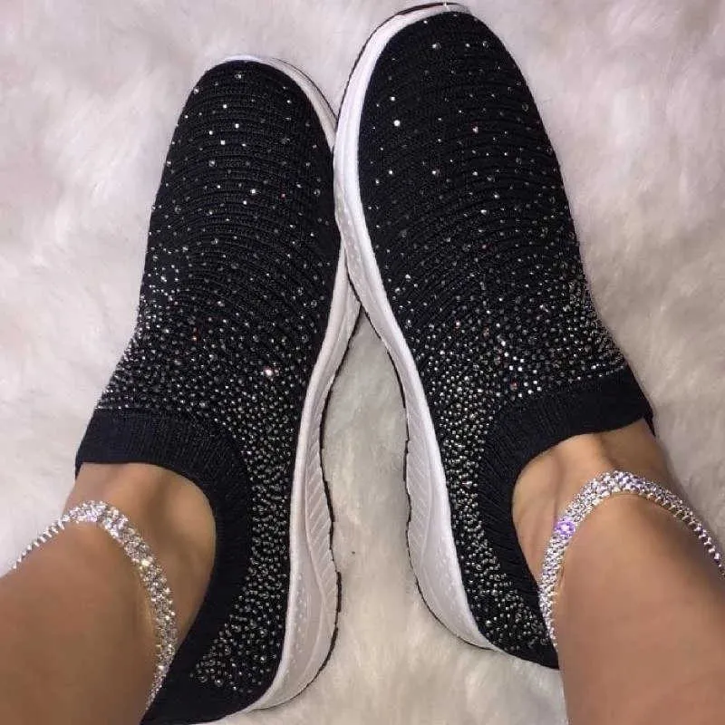 New Women Ankle Shoes Ladies Bling Flats Woman Fashion Loafers Crystal Womens Sneakers Casual Slip on Mesh Tennis Shoes H0902