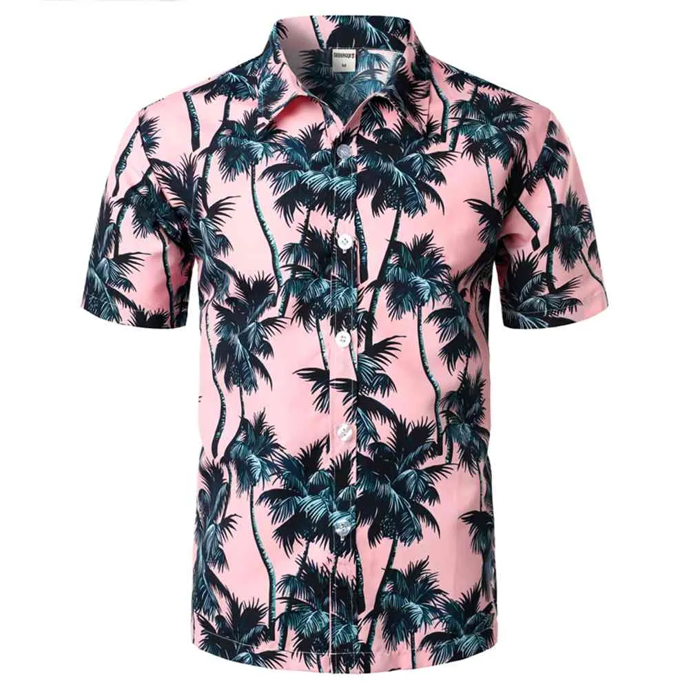 Pink Hawaiian Beach Short Sleeve Shirt Men Summer Fashion Palm Tree Print Tropical Aloha Shirts Mens Party Holiday Chemise 210522