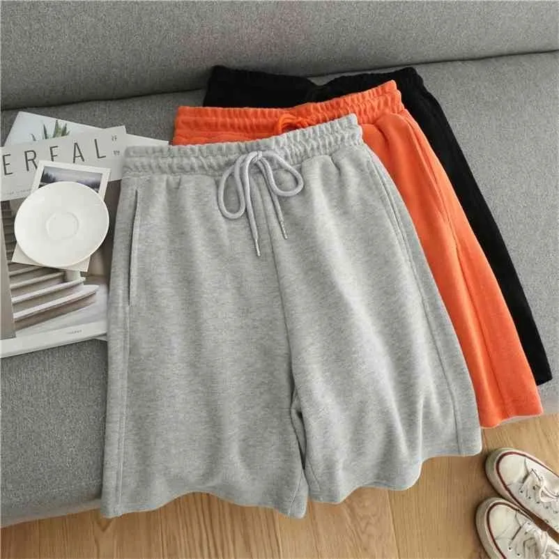 Kadınlar için Ter Şort Spor Casual Elastik İpli Yüksek Bel Sweatshorts Baggy Harajuku Pamuk Karışımı Dipleri Bayanlar Giysileri 210323