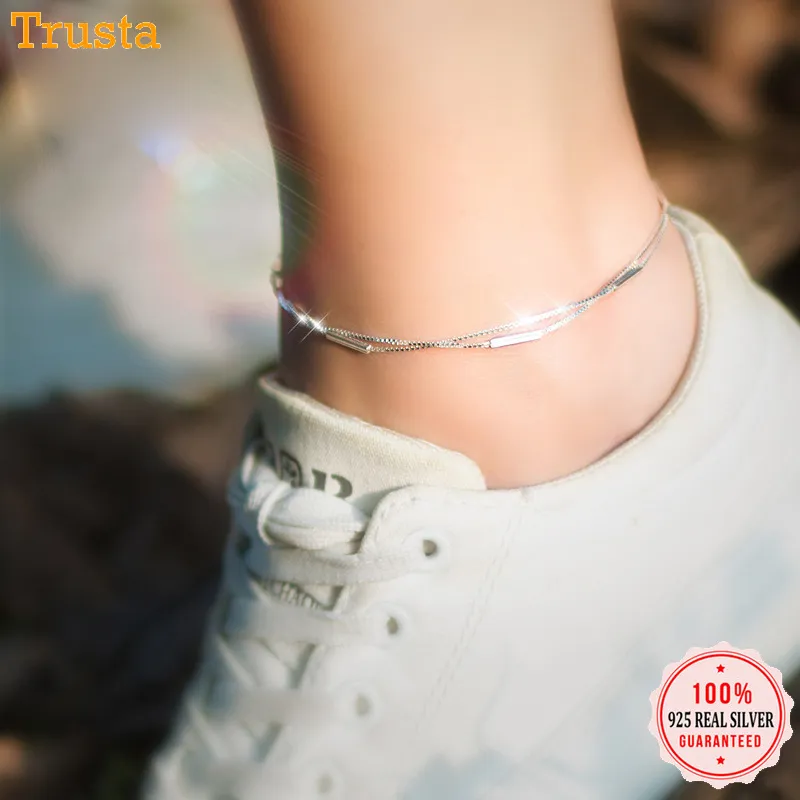 Trustdavis 925 Sterling Silver Fashion Sweet Double Layer Stick Anklets för Kvinnor Alla hjärtans dag Födelsedaggåva Smycken DS776