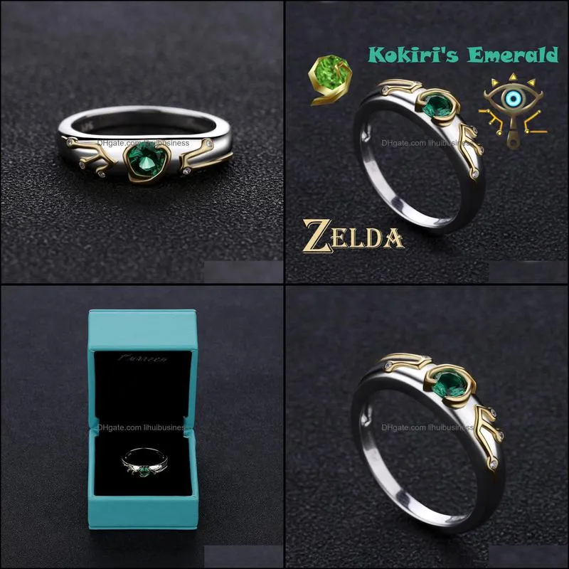 The Legend of Zelda Breath of the Wild Sheikah Eye Slate & Kokiri Emerald Sterling 925 Silver Engagement Ring Y1124