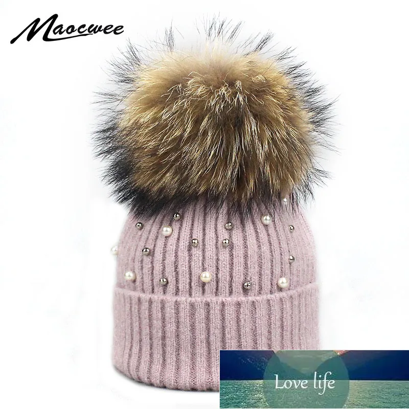 New Wool Beanies Women Real Natural Fur Pom Poms Fashion Pearl Knitted Hat Girls Female Beanie Cap Pompom Winter Hats for Women Factory price expert design Quality