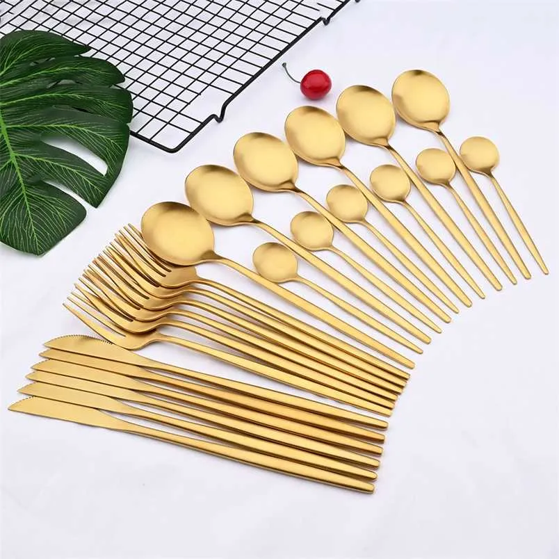 24pcs guld matt middagsredskap bestick set rostfritt stål bestick set middag Knriffe gaffel sked silver apparat kök porslin 211112