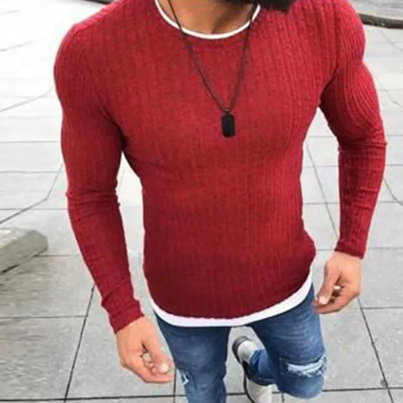 2021 Mäns Sexig Slim Fit O-Neck Sweater Man High Street Ribbed Tröjor Top Solid Färg Vår Långärmad Stickad Pullover 5XL Y0907