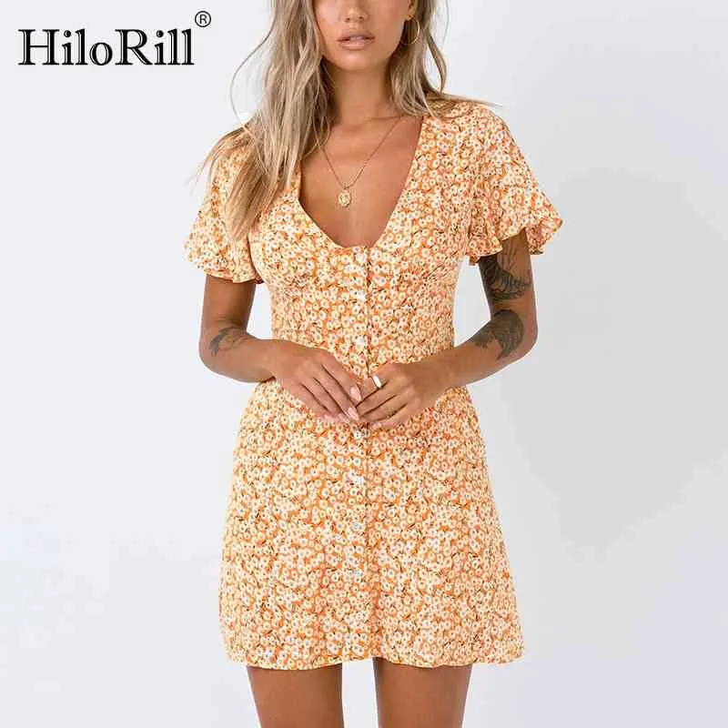 Mini abito con stampa floreale vintage Donna Sexy scollo a V profondo Boho Beach es Summer Short Sleeve Casual Button Robes 210508