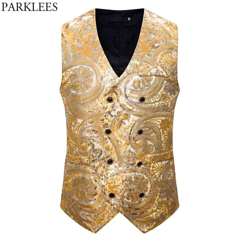 Shiny Gold Floral Sequin Dress Vest Men Double Breasted Slim Fit V Neck Tuxedo Waistcoat Mens Party Dinner Stage Prom Vests Male 210522