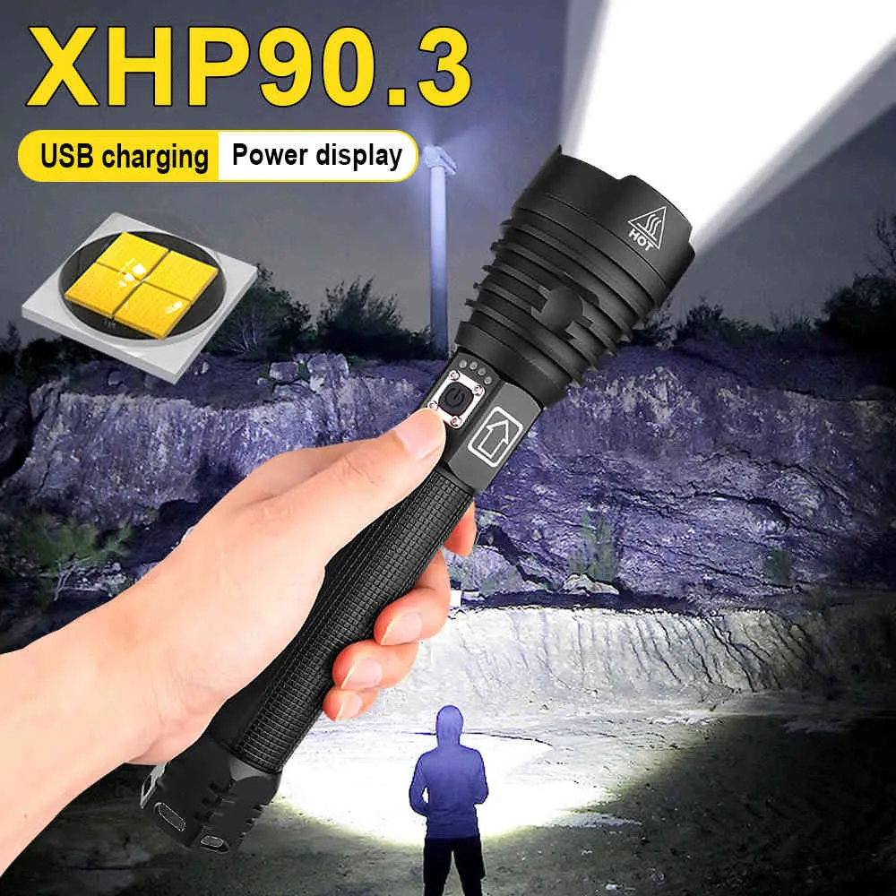 600000LM XHP90.3 Flashlight LED più potente XHP70 Torcia ricaricabile USB Lampada a mano XHP50 26650 18650 Hunting Light Flash 210322