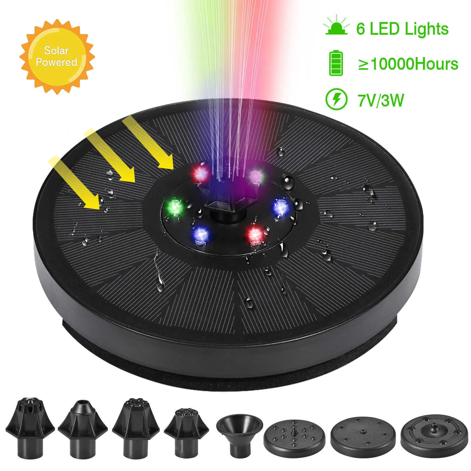 7V/3W Solar Fountain IP68 Waterproof Pools Fountains Colorful 6 Lights Swimming Pump Panel Powered Garden Decor 210713