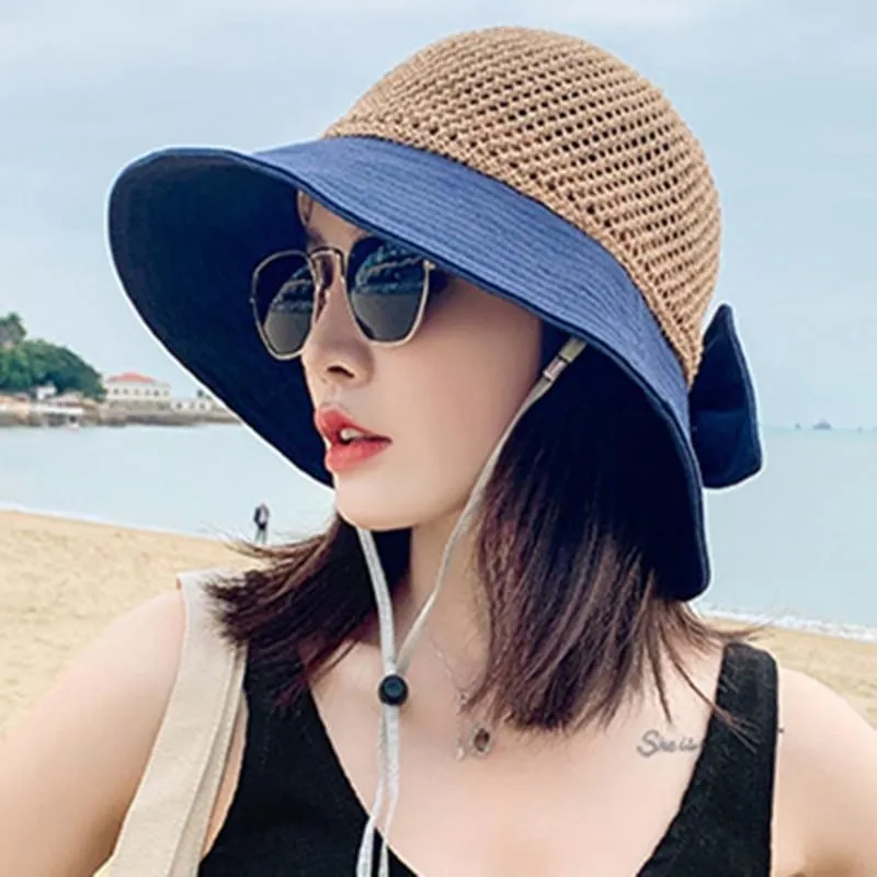 New Woman Summer s With Visor Hollow Straw Fashion Bow Design Sun Travel Mesh Bucket Hat