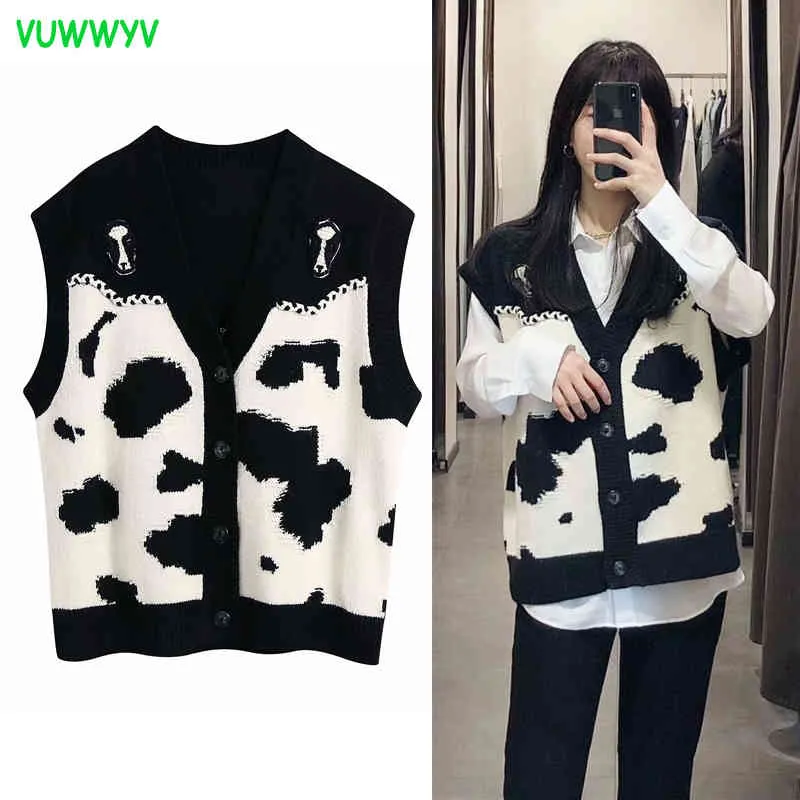 Preto Casual Animal Impressão De Malha Colete Feminino Primavera Spring Sweater Mulheres Sem Mangas Streetwear Waistcoat Senhoras Tops 210430