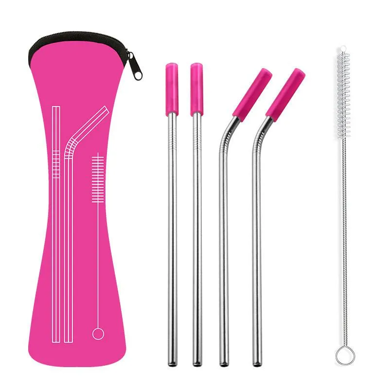 6Pcs/set Reusable Stainless Steel Drinking Straws Straight Bent Straw with Silicone Tips for Bar Tools RH1398