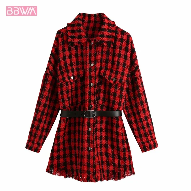 Frauen Revers Lange Ärmel mit Gürtel Jacke Mantel Retro Lose Tasche Rot Gitter Chic Oberbekleidung Weibliche Tops 210507