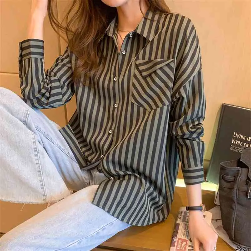 女性のためのトップスプラスサイズのシャツ春の縞模様の長袖パッチワークルーズブラウス女性韓国風ブリス210507