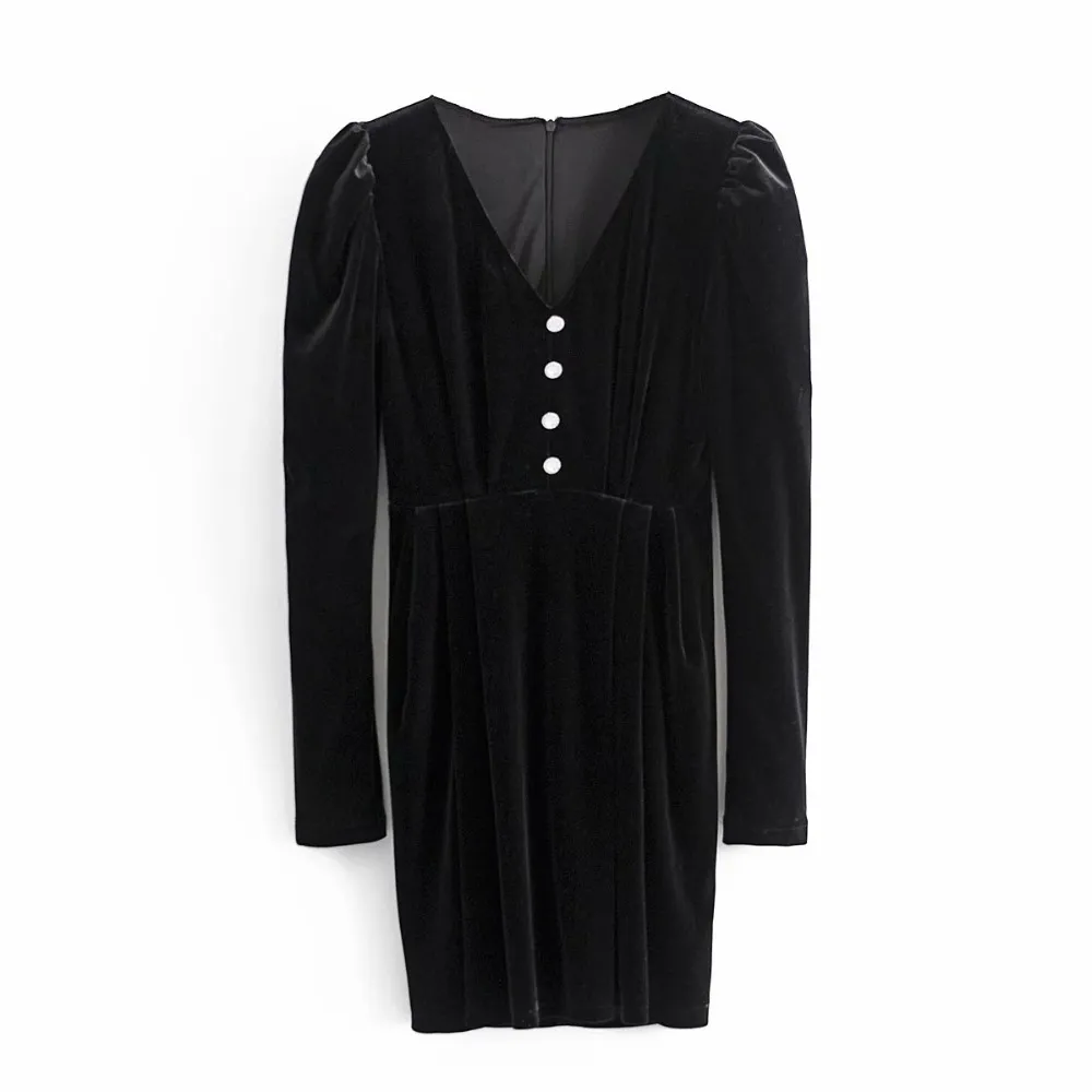 Black Velvet Mini Dress - Elegant V-Neck Long Sleeve Black beauty pencil Winter Party Vestido for Women (210514)