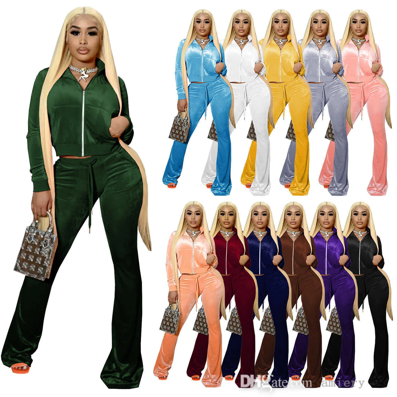 Mulheres Long Calças Terno Sólido Veludo 2 Parte Outono Outfits Zipper Front Tracksuits Bolso Manga Longa Jaqueta + Bell Bottom Sweatpant Sport Set XS-XXL