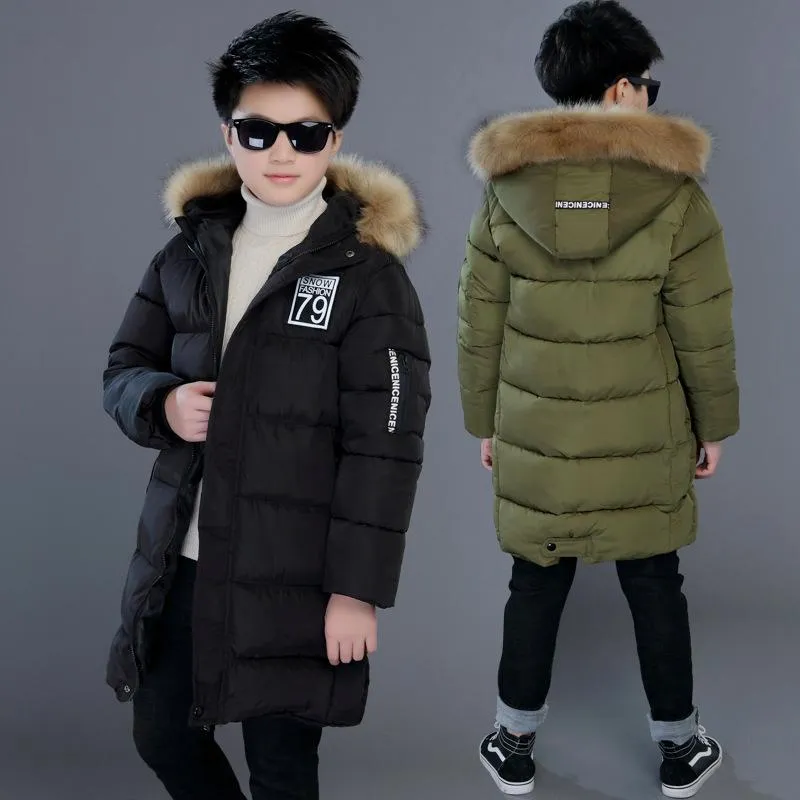 Зимние мальчики вниз куртки меховые моды моды детские пальто теплые ветрозащитные дети верхняя одежда толстая большая одежда пальто