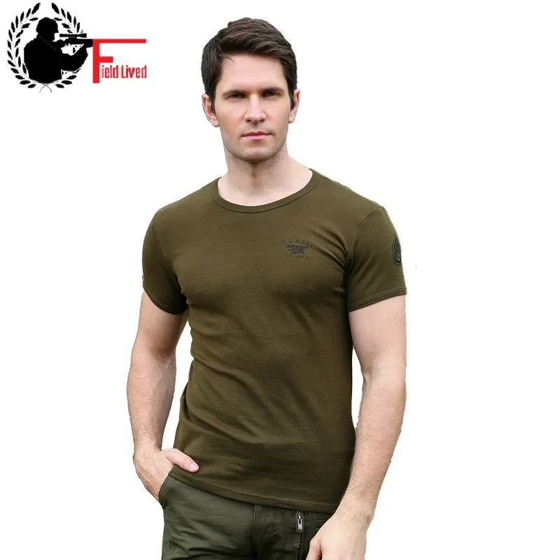 T-shirt militare estate slim fit tinta unita soldato maglietta uomo cotone elastico stile esercito casual uomo t-shirt verde kaki 210518