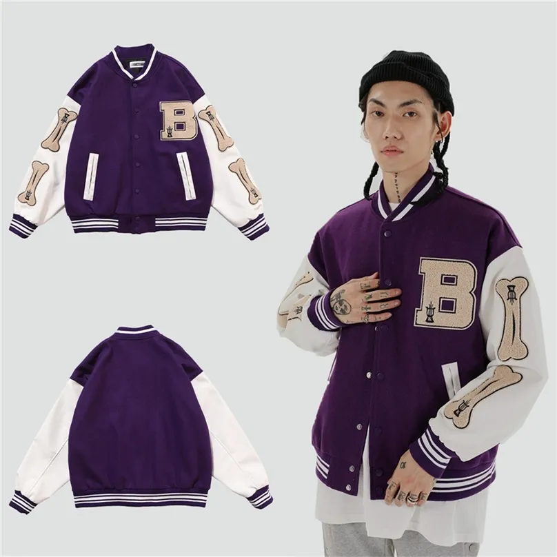 Mens Hip Hop Baseball Casaco Casacos Grande Letra B Bordado Bordado Patchwork Japão Estilo Coreano Streetwear Rock 211217