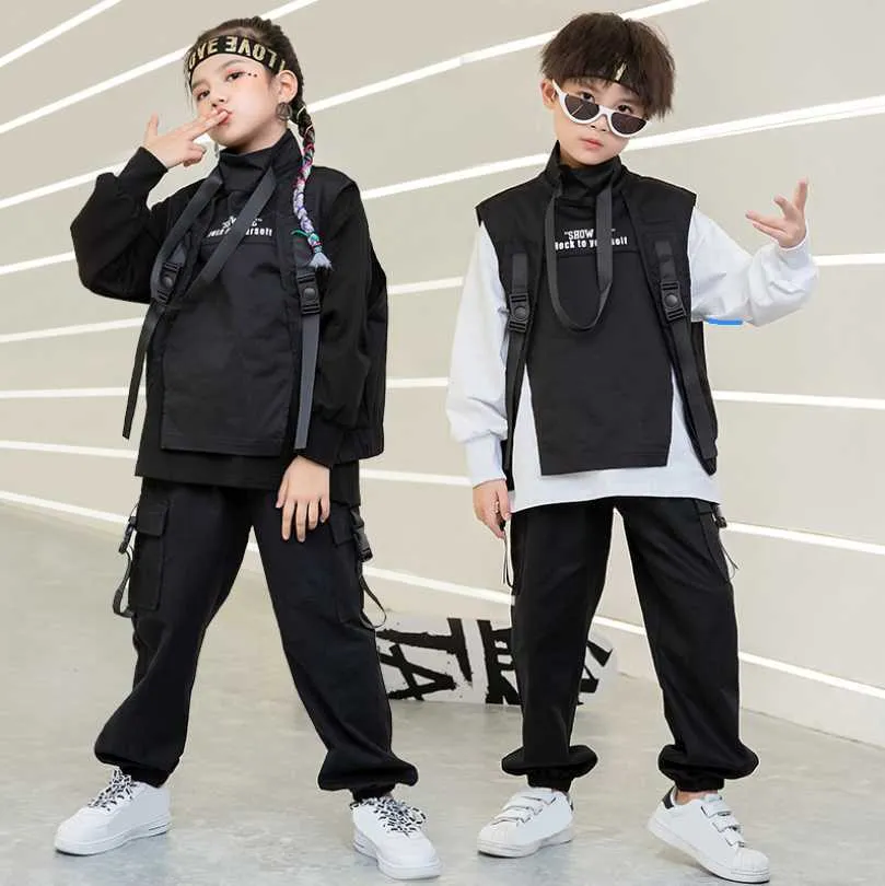 4 -16 Yrs Children Hip Hop Autumn Clothing Black White Tops Vest Ballroom Pants for Girls Boys Dance Costumes Dancing Outfits X0902