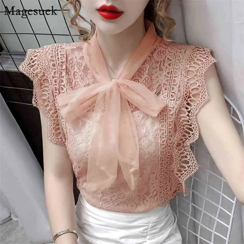 Sem mangas oca out lace blusa mulheres coreano ver através de tops de verão crochet camisa de retalhos feminino blusas 9811 210512