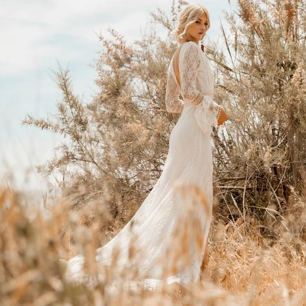 sheath backless long sleeves lace beach wedding dress Romantic Boho Long Sleeve Beach Lace Backless Wedding Dress,MW294