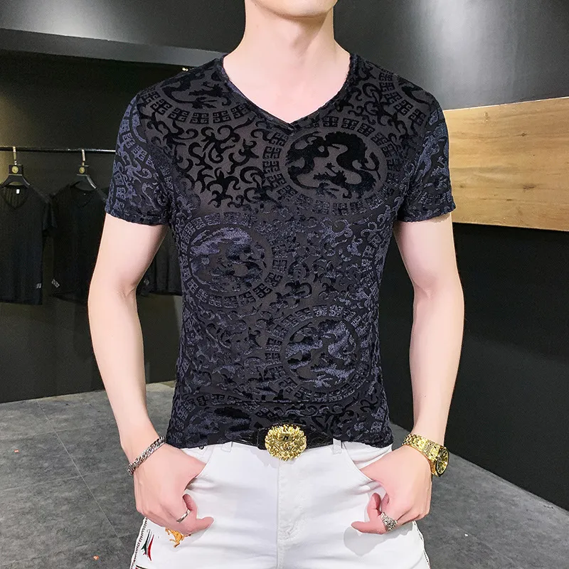 Роскошные футболки 2021 летние плотные золотые вины льда вырезать дышащий с коротким рукавом круглые шеи футболка стройная подходящая ультрамодная мужская рубашка с половиной рукава
