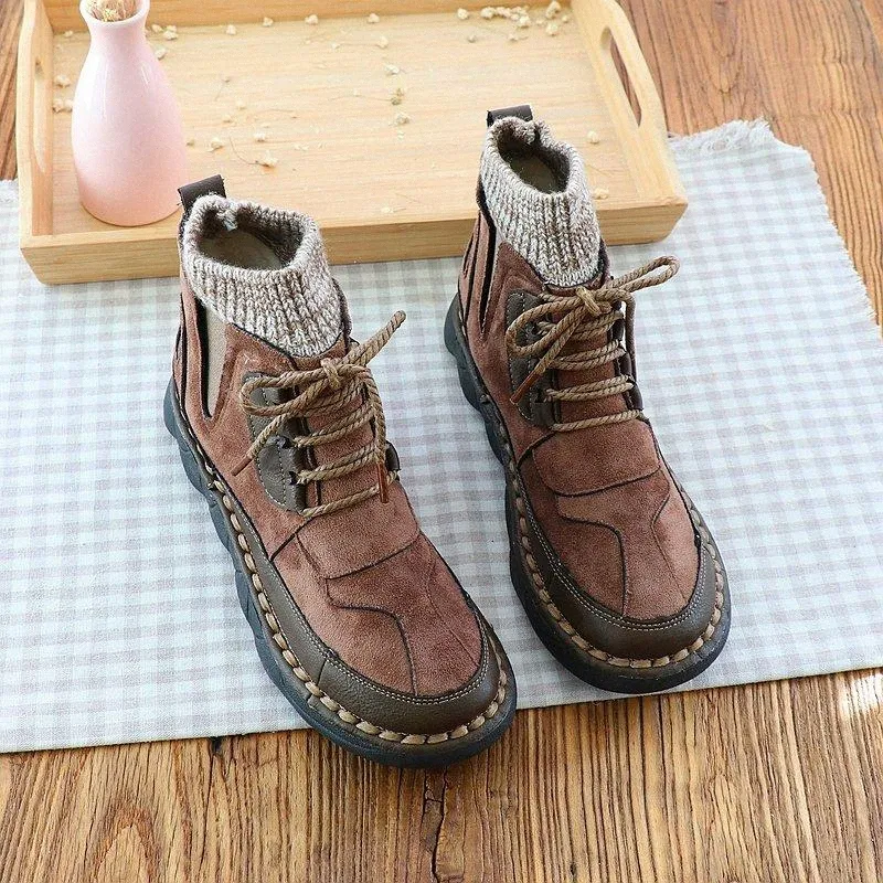 Hand-Stitched Short Boots College Wind Plus Velvet Cotton Boot Mori Girl Literary Retro Warm Ankle Wool Tube Womens shose h86b#