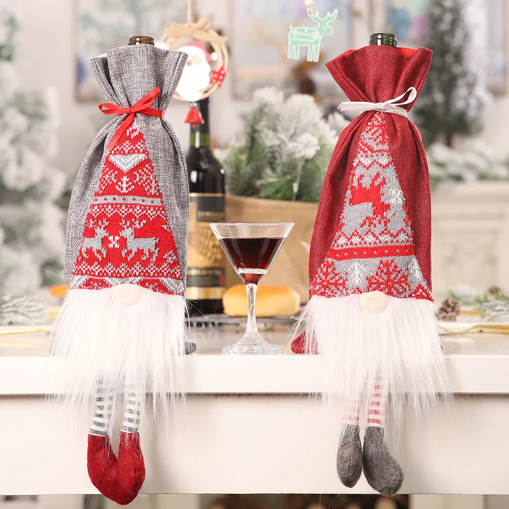 Coperchio della bottiglia di vino di Natale con sacchetto regalo di gnomi di peluche Ornamenti per la tavola di Natale Decorazione per la cena di Capodanno PHJK2108