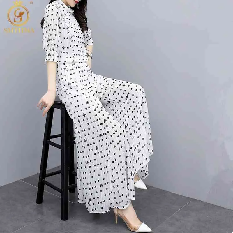 Fashion Women Temperament Dot Summer 2 Piece Set Chiffon Stand Collar Ruffles Shirt + Ladies Vita alta Pantaloni a gamba larga Suit 210520