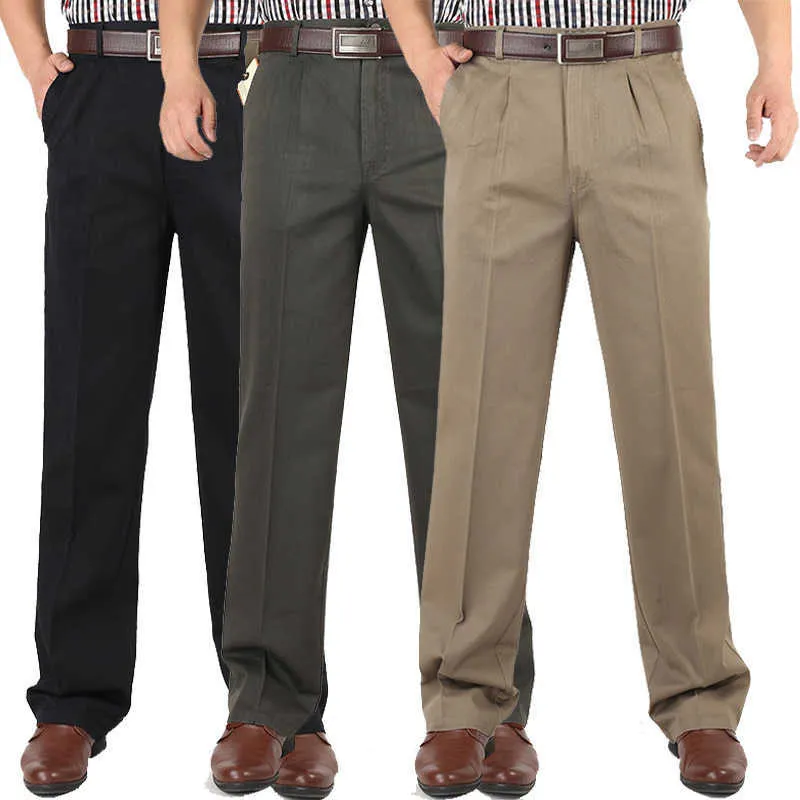 Jesień Zima Mężczyźni Gruba Wysoka Talia Solidne Bawełniane Spodnie Double Plisowane Dorywcze Spodnie Luźne Waszyny W średnim wieku Plus Rozmiar 210707