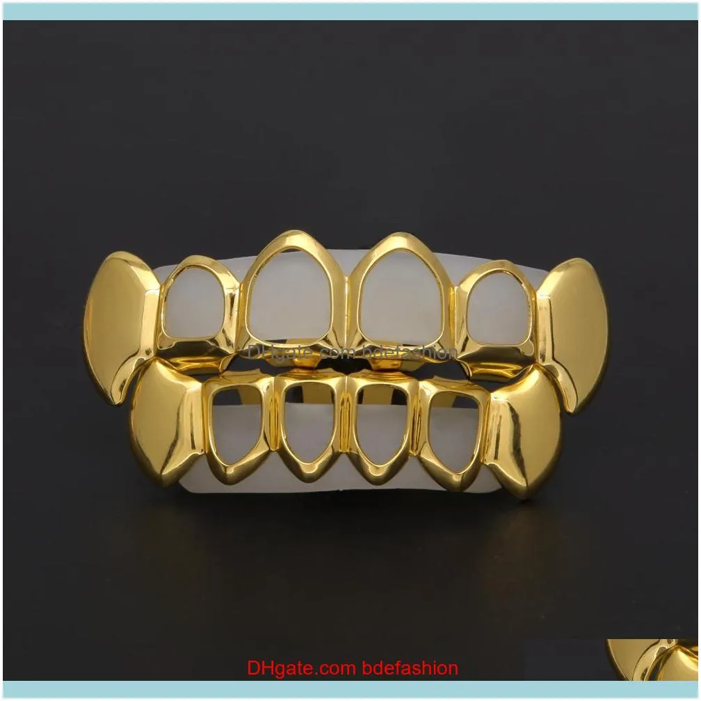 New Hip Hop Custom Fit Grill Four Hollow Open Face Gold Mouth GRILLZ Caps Top & Bottom With silicone Vampire teeth Set
