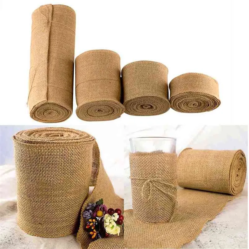 10METER RIBBON ROLL BURLAP Bordslöpare 4Size 5cm / 10cm / 15cm / 30cm Natural Jute Hessian Wedding Party Chair Bands Vintage Home 210708