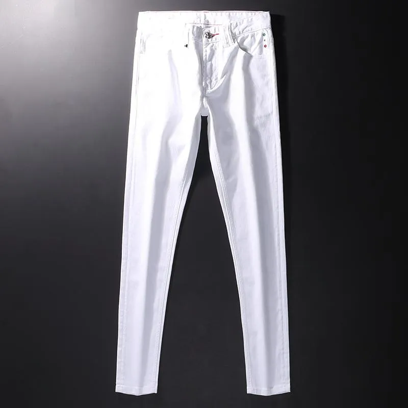 Mäns jeans europeiska vintage mode män högkvalitativ vit elastisk smal passform retro designer hip hop denim punk penna pants220j