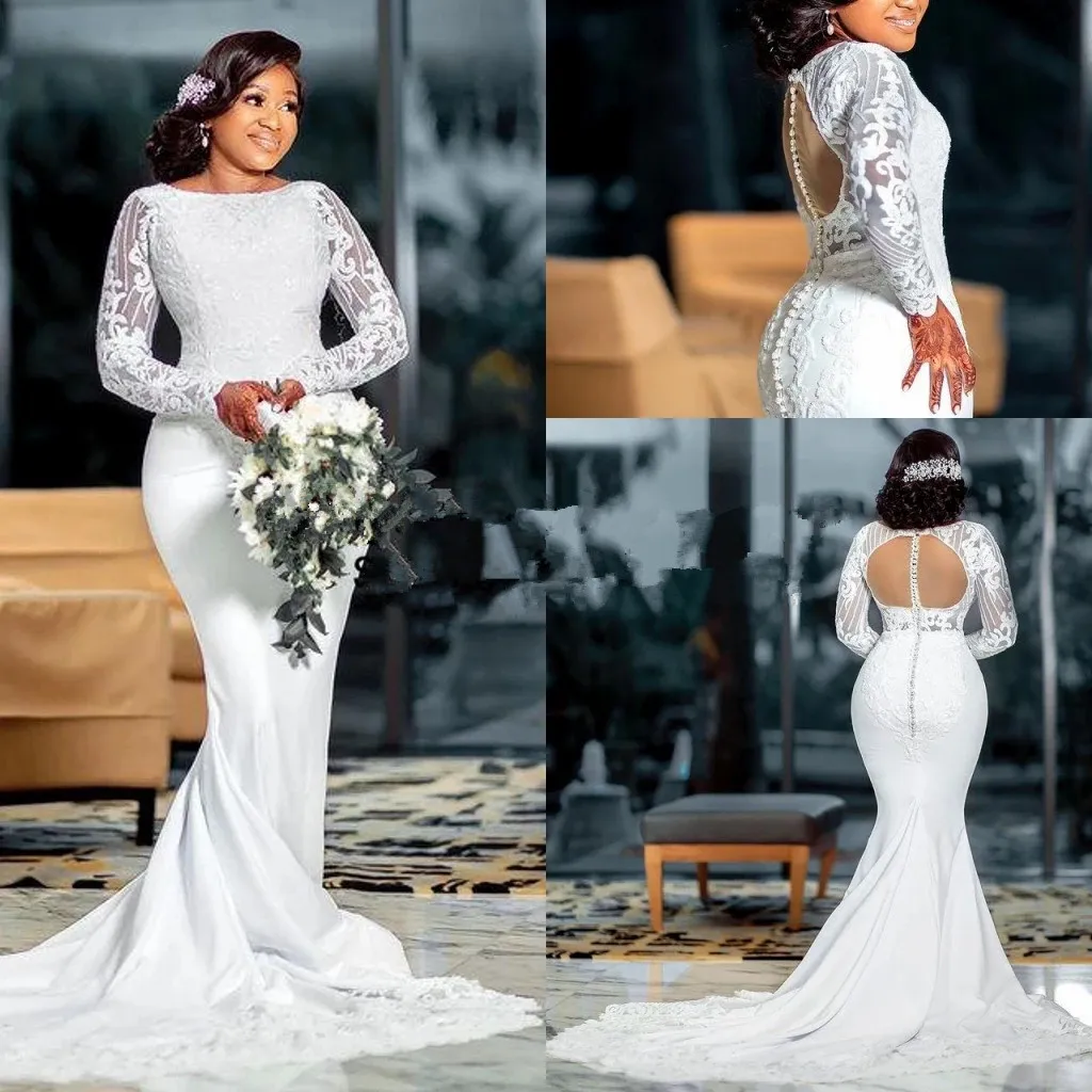 Laço branco plus size árabe aso ebi frisado sereia vestidos de casamento 2022 mangas compridas botões cobertos volta vestidos de festa de noiva africano