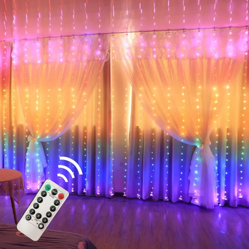 Строки Строковые огни Светодиодная занавеска Fairy Light USB 8Modes Пульт дистанционного управления с крюком Красочные Украшения Спальницы Праздничное освещение