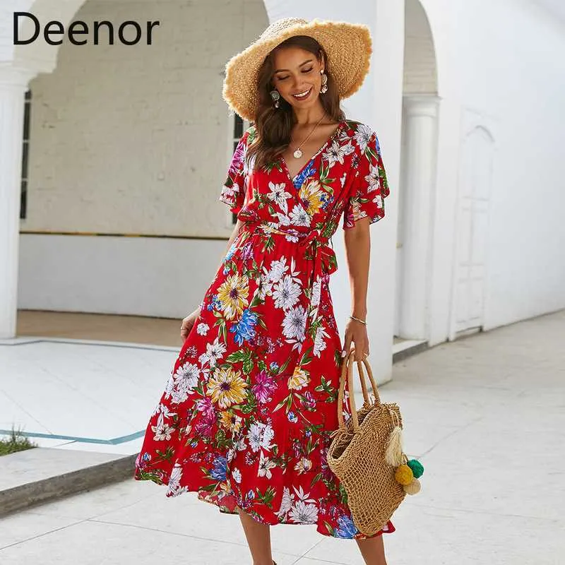 Deenor Vintage Maxi Drwomen夏半袖VネックハイウエストDrfloralプリントBOHOビーチイブニングパーティーロングドレスx0621