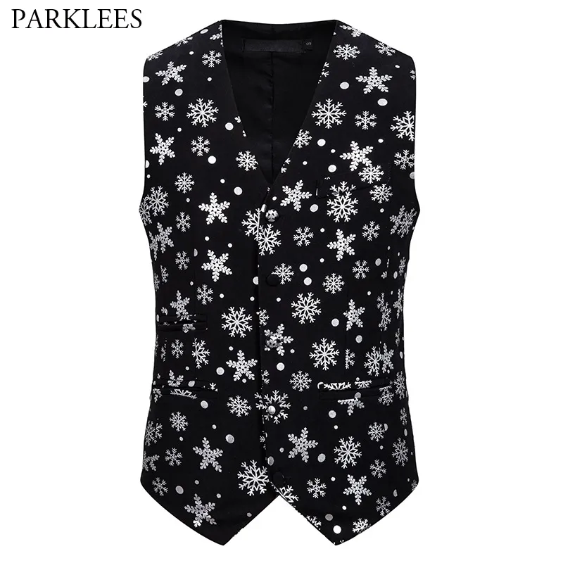 Silver Snow Foil Print Christmas Vest Men Year Xmas Party Prom Vest Waistcoat Men Feliz Navidad Chalecos para Hombre 2X 210522