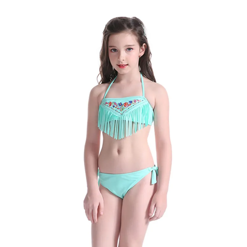 Halter Tassels Two Piece Swimsuit Teen Girls Bikini Teenage Girl Swimwear  Swimming Dress Kid Bathing Suit Children Swim Suit Set Q0220