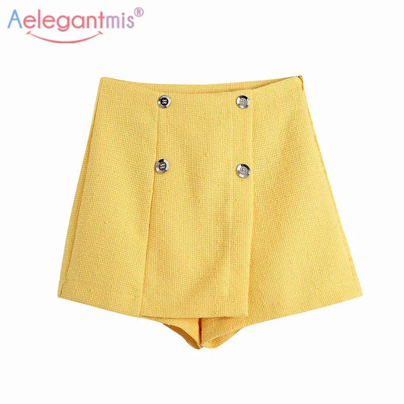 Aelegantmis escritório senhora de cintura alta shorts saia botão sólido coreano chique mulheres azul moda casual calça curta 210607