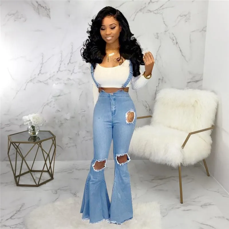 Womens Jumpsuits Rompers Tsuretobe Casual Flare Ripped Denim Jumpsuit Women Fashion Wide Leg Pant Romper Spaghetti Strap Overalls Pleated